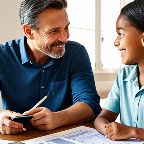 A diverse, multigenerational family, including parents and two children (approximately 8-14 years old), fully clothed in modest, appropriate attire, gathered around a modern dining table in a brightly lit, comfortable home. They are calmly and collaboratively discussing family finances, with a tablet displaying a budget spreadsheet visible on the table. Each family member has a natural, engaged pose, showing active listening and participation. Perfect anatomy, correct proportions, well-formed hands, proper finger count, natural body proportions, professional photography, high resolution, detailed, realistic, warm lighting, safe for work, appropriate content, fully clothed, family-friendly.