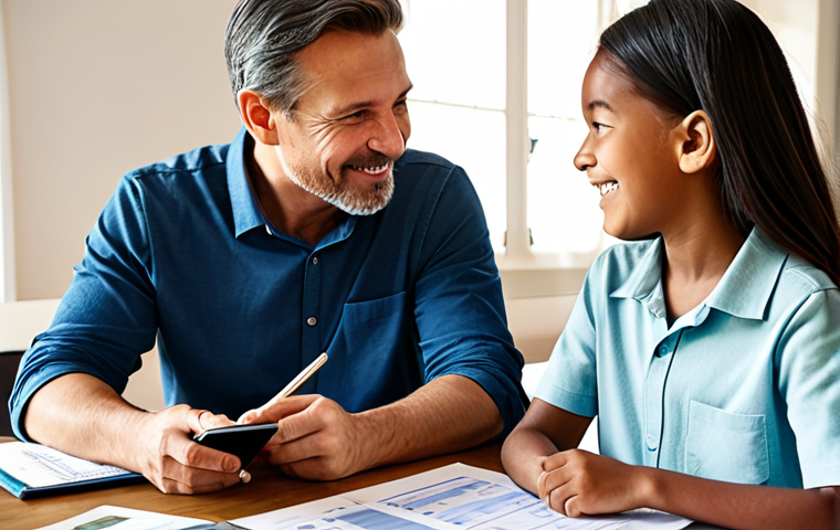 A diverse, multigenerational family, including parents and two children (approximately 8-14 years old), fully clothed in modest, appropriate attire, gathered around a modern dining table in a brightly lit, comfortable home. They are calmly and collaboratively discussing family finances, with a tablet displaying a budget spreadsheet visible on the table. Each family member has a natural, engaged pose, showing active listening and participation. Perfect anatomy, correct proportions, well-formed hands, proper finger count, natural body proportions, professional photography, high resolution, detailed, realistic, warm lighting, safe for work, appropriate content, fully clothed, family-friendly.