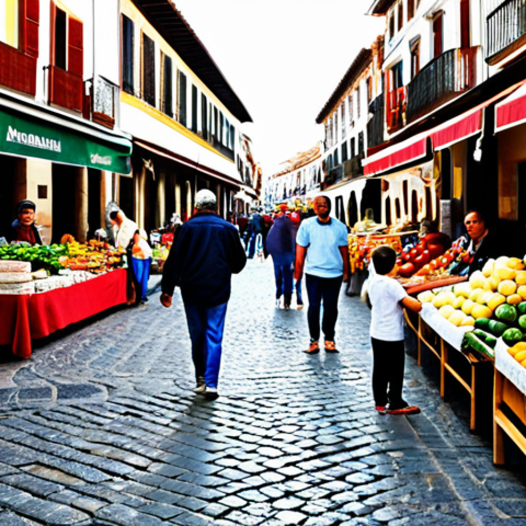 **
A bustling Spanish marketplace on a sunny afternoon. Vendors are selling colorful fruits, vegetables, and handcrafted goods. People are milling about, chatting, and bargaining. In the foreground, a young child is reaching for a piece of fruit with their parent smiling beside them. The scene captures the vibrant atmosphere of Spanish culture. Include details like cobblestone streets, traditional architecture, and warm, natural lighting. Quality modifiers: photorealistic, high detail, 8k resolution, vibrant colors. Safety modifiers: fully clothed, appropriate content, modest attire, family-friendly.
**