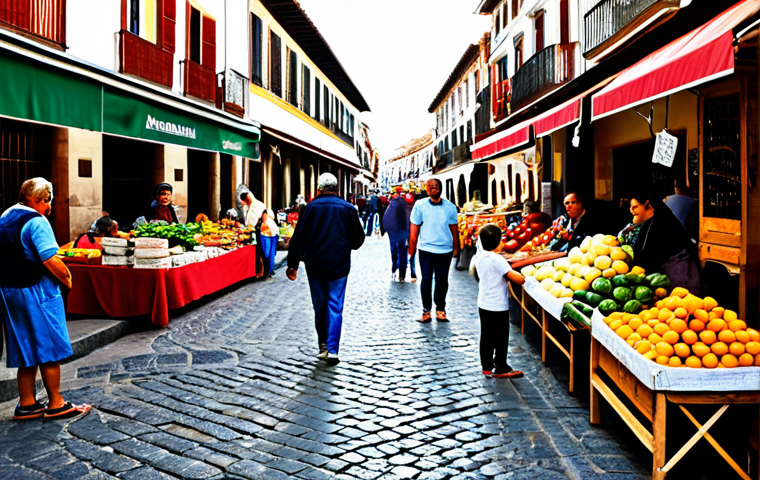 **
A bustling Spanish marketplace on a sunny afternoon. Vendors are selling colorful fruits, vegetables, and handcrafted goods. People are milling about, chatting, and bargaining. In the foreground, a young child is reaching for a piece of fruit with their parent smiling beside them. The scene captures the vibrant atmosphere of Spanish culture. Include details like cobblestone streets, traditional architecture, and warm, natural lighting. Quality modifiers: photorealistic, high detail, 8k resolution, vibrant colors. Safety modifiers: fully clothed, appropriate content, modest attire, family-friendly.
**