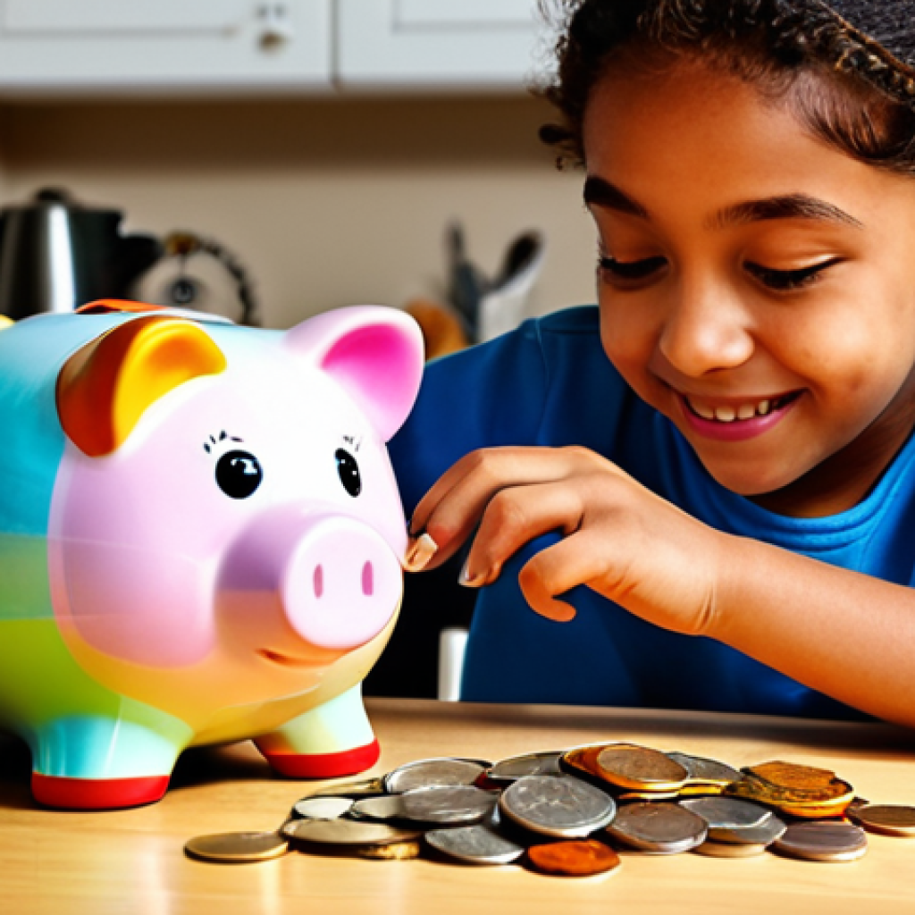 자녀에게 재정 교육하기 - Piggy Bank Savings**
"A child decorating a colorful, personalized piggy bank at a kitchen table. Co...