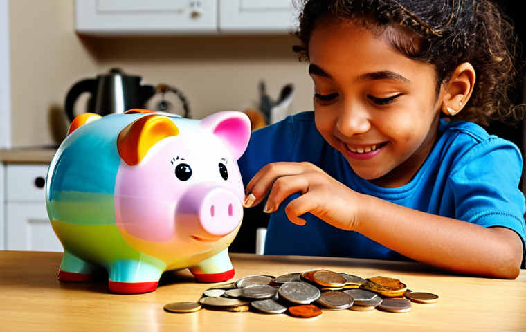 자녀에게 재정 교육하기 - Piggy Bank Savings**
"A child decorating a colorful, personalized piggy bank at a kitchen table. Co...
