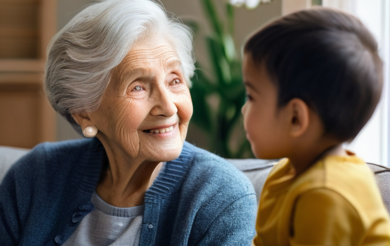 부모와의 대화에서 유의할 점 - **Prompt 1: The Embrace of Active Listening**
An intimate portrait of an elderly grandmother, wi...