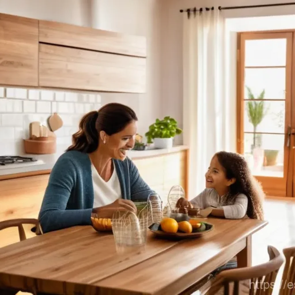 부모의 재정적 우선 순위 이해하기 - **Prompt:** A cozy, warmly lit family kitchen or living room in a modern Spanish-style home. A mothe...