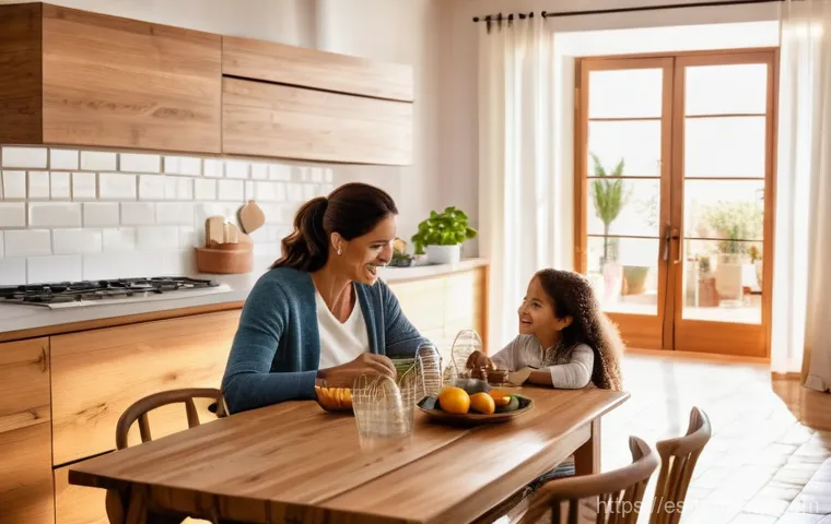 부모의 재정적 우선 순위 이해하기 - **Prompt:** A cozy, warmly lit family kitchen or living room in a modern Spanish-style home. A mothe...
