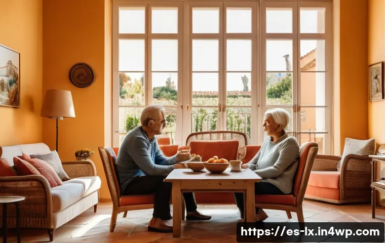 부모에게 상속에 대한 대화 시작하기 - A warm, intimate family living room setting in Spain, where multiple generations—parents, adult chil...