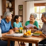 Home 23 세대간 재정 대화 시작하기 위한 질문 리스트 - A multigenerational Hispanic family gathered around a dining table in a warm, cozy living room, enga...