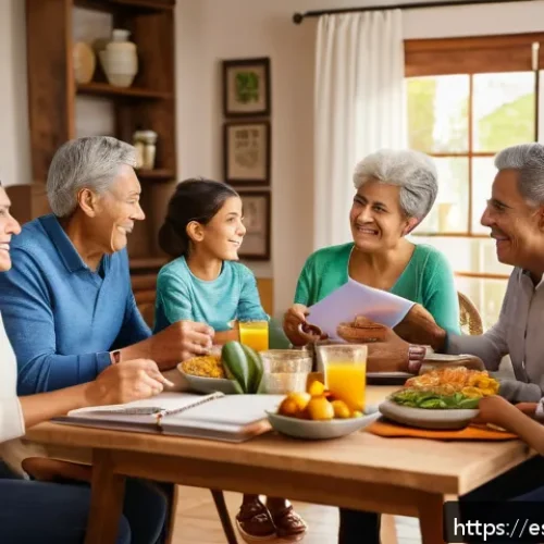 Home 17 세대간 재정 대화 시작하기 위한 질문 리스트 - A multigenerational Hispanic family gathered around a dining table in a warm, cozy living room, enga...