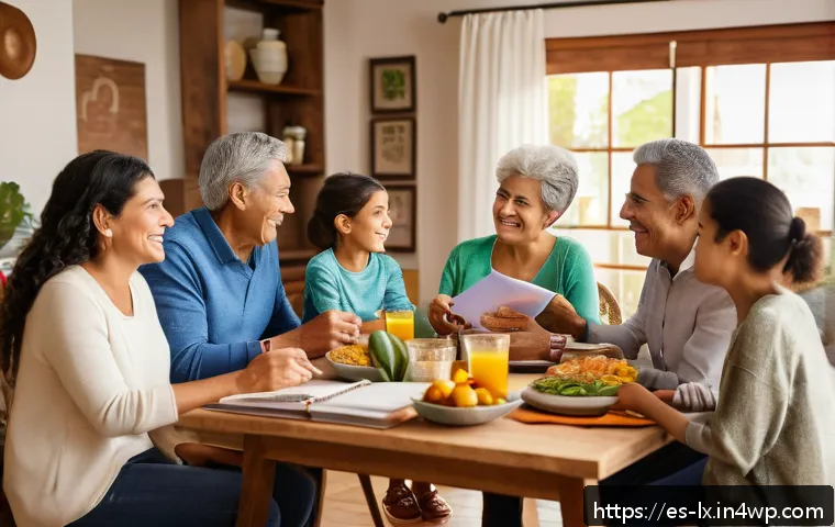 세대간 재정 대화 시작하기 위한 질문 리스트 - A multigenerational Hispanic family gathered around a dining table in a warm, cozy living room, enga...