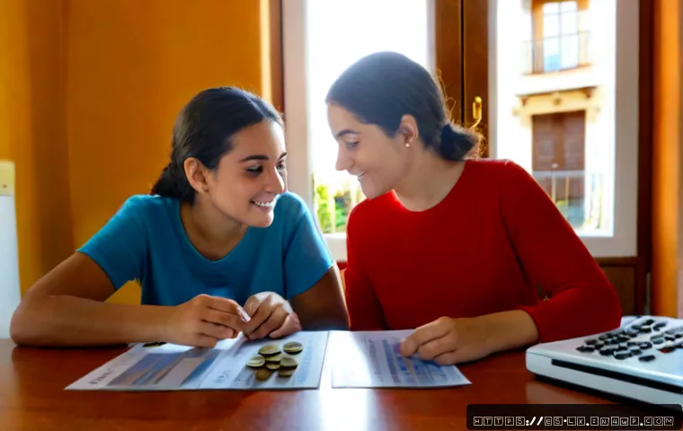 Home 15 부모와 자녀 간의 재정적 이해 증진하기 - Photorealistic Spanish family at a bright kitchen table, a mother and teenage daughter calmly compar...
