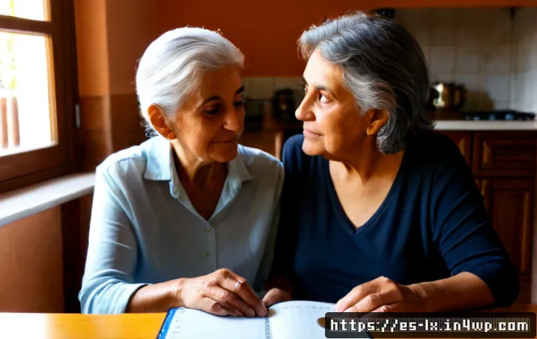 부모와의 대화에서의 목표 조정 - Photorealistic Hispanic adult daughter and her elderly mother having a calm, thoughtful conversation...